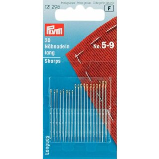 Prym Hand Sewing Needles sharps 5-9 assorted silver col with gold eye (20 pcs)