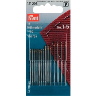 Prym Hand Sewing Needles sharps 1-5 assorted silver col with gold eye (16 pcs)