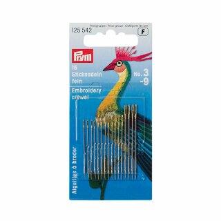 Prym Fine embroidery needles HT 3-9 silver col with gold eye assorted (16 pcs)