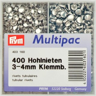 20 pieces PRYM 403150 Tubular rivets brass silver-coloured for material thickness 3-4mm 